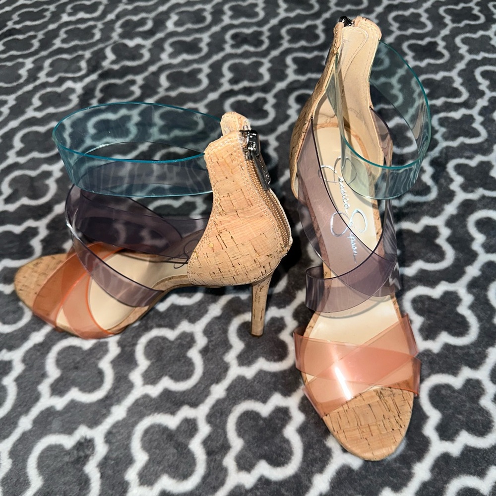 Jessica Simpson Jodella Pastel Multi Colored Clear Strap Cork Heels